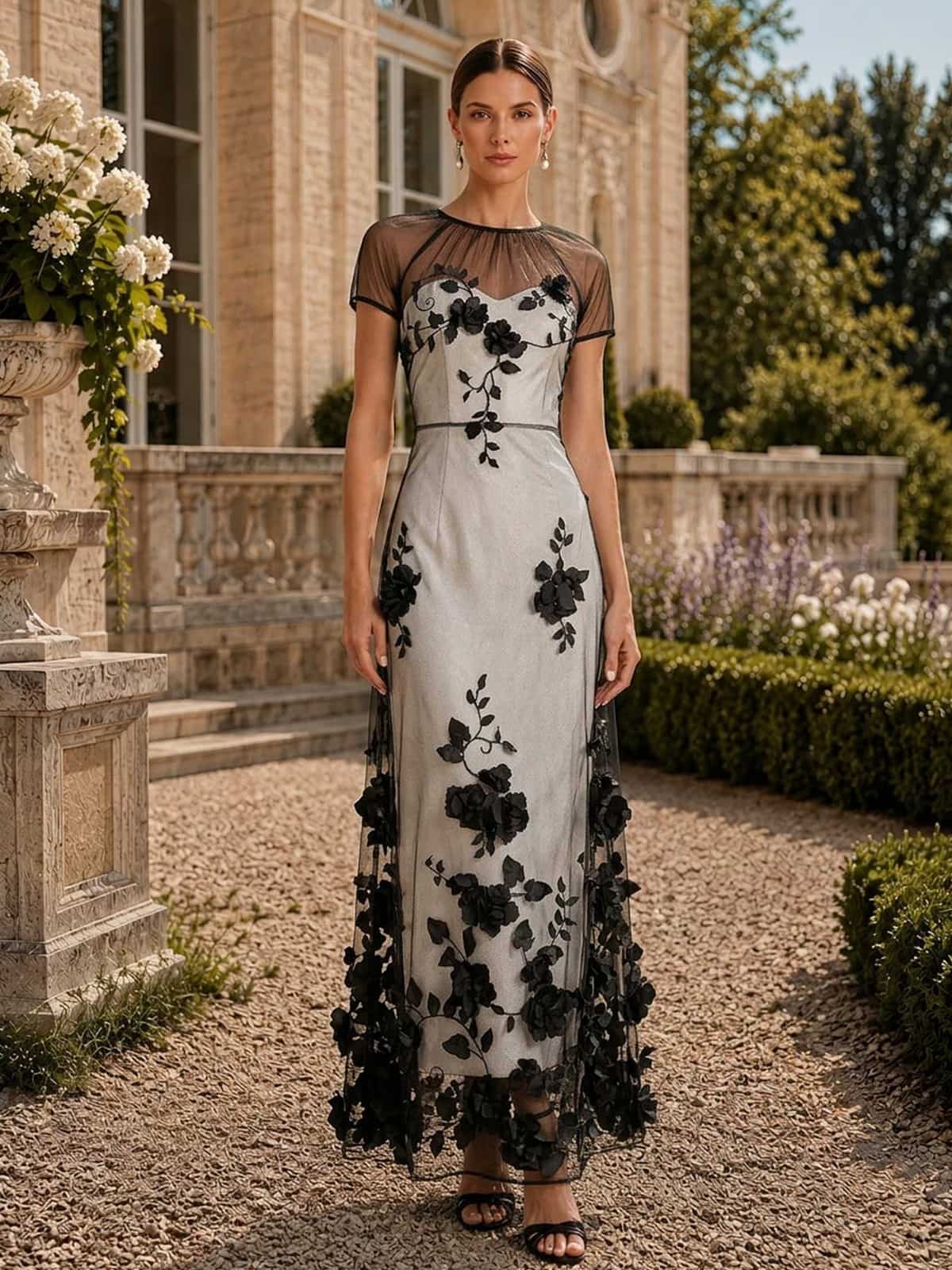 Floral tulle mother of the bride dress front view with illusion neckline, sheer short sleeves, black floral lace appliques, satin base, and floor length sheath skirt