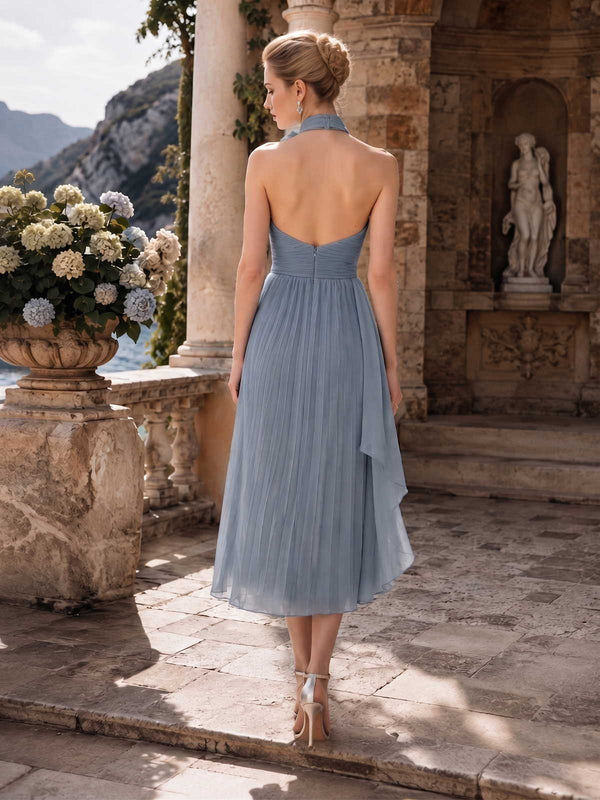 Dusty blue chiffon mother of the bride dress back view with halter neckline, open back, concealed zipper, pleated midi skirt, and soft flowing chiffon drape