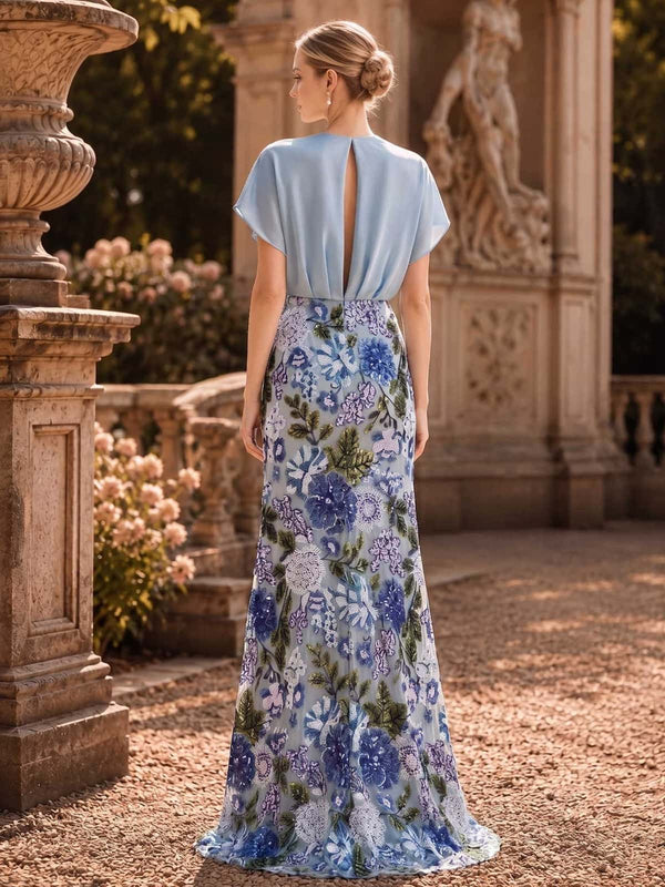 Floral chiffon lace mother of the bride dress back view with soft blue chiffon bodice, keyhole back detail, center back closure, and floral sequin lace floor length skirt