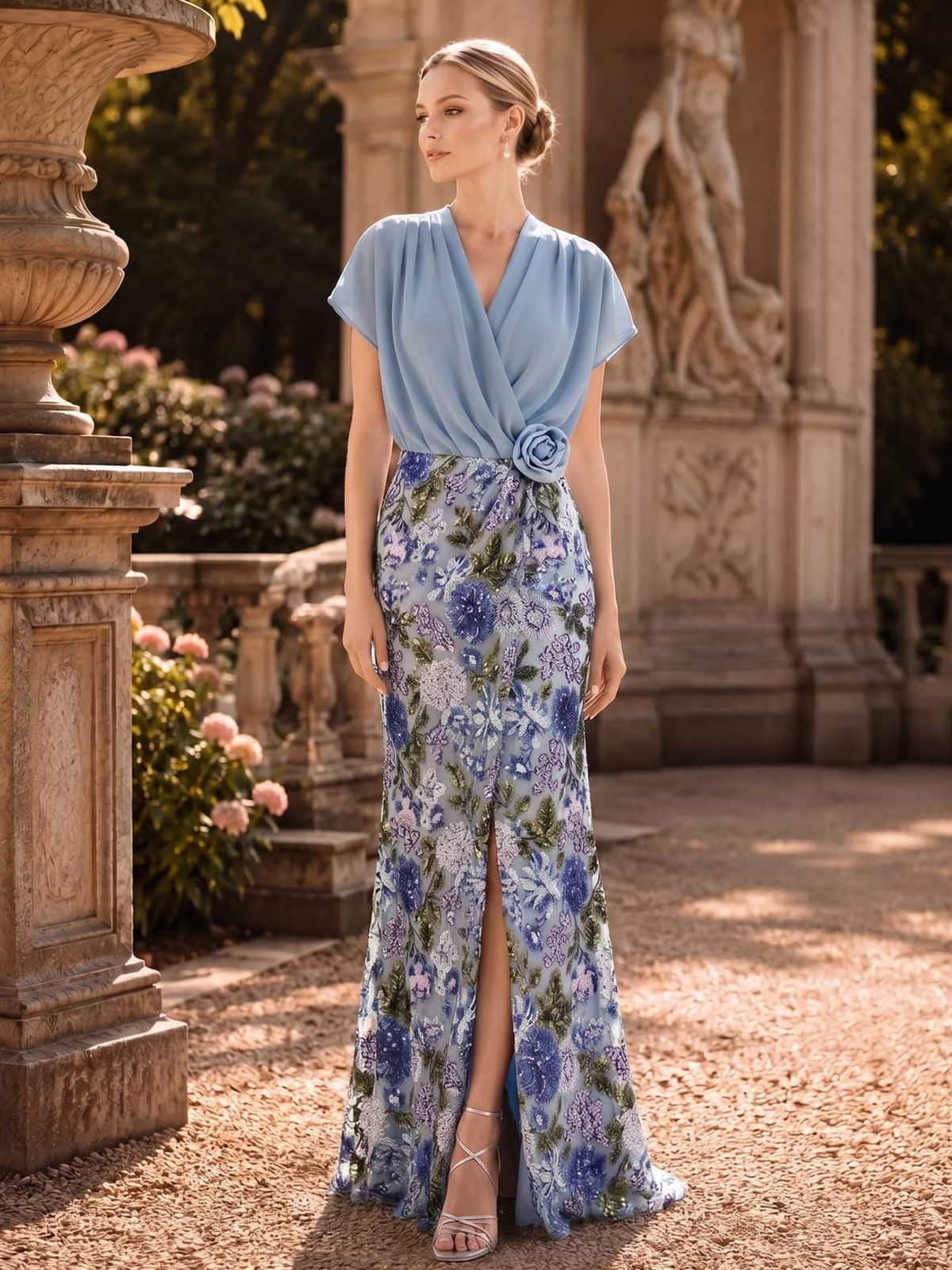Floral chiffon lace mother of the bride dress front view with draped V-neck bodice, blue floral sequin lace skirt, front slit, and floor length silhouette