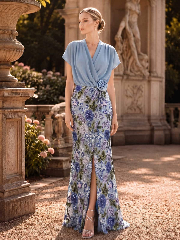Floral chiffon lace mother of the bride dress front view with draped V-neck bodice, blue floral sequin lace skirt, front slit, and floor length silhouette
