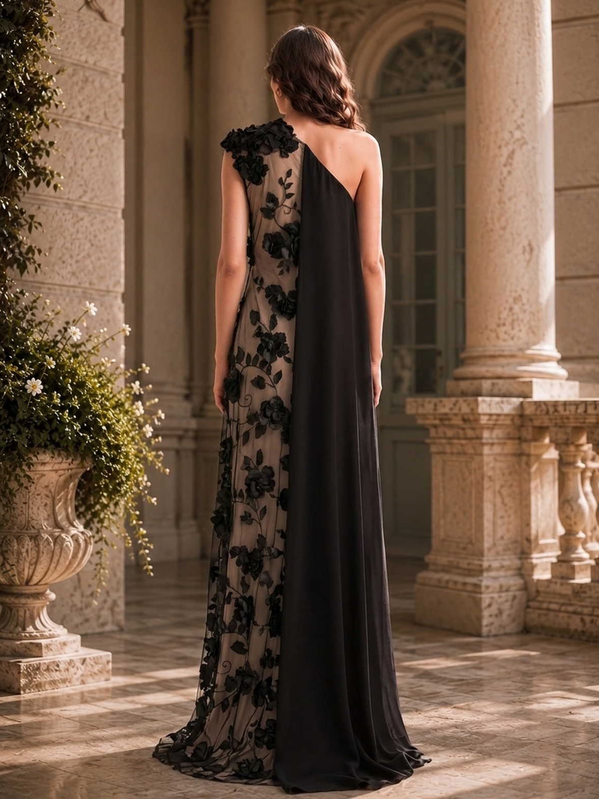 As pic color floral appliqué tulle mother of the bride dress back view with asymmetric one shoulder design, black chiffon side drape, floral appliqué tulle panel, and floor length silhouette