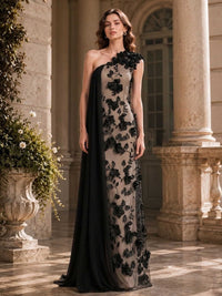 As pic color floral appliqué tulle mother of the bride dress front view with one shoulder neckline, black floral appliqué, draped chiffon panel, and floor length straight silhouette