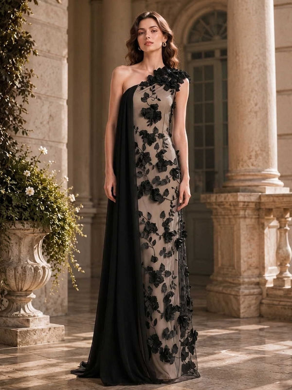 As pic color floral appliqué tulle mother of the bride dress front view with one shoulder neckline, black floral appliqué, draped chiffon panel, and floor length straight silhouette