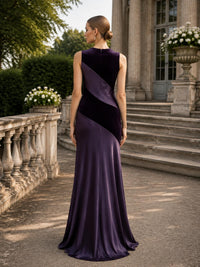 Back view of an As Pic Color floor-length mother of the bride dress with round back neckline, sleeveless design, dark purple velvet and imitation silk diagonal color-block panels, center-back zipper, fitted column silhouette, and softly flared floor-length hem.