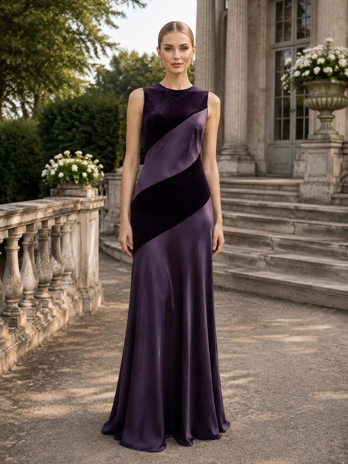 Front view of an As Pic Color floor-length mother of the bride dress with round neckline, sleeveless fitted bodice, dark purple velvet and imitation silk color-block construction, sweeping diagonal curved panels, column silhouette, and softly flared floor-length skirt.