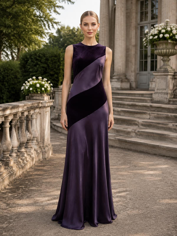 Front view of an As Pic Color floor-length mother of the bride dress with round neckline, sleeveless fitted bodice, dark purple velvet and imitation silk color-block construction, sweeping diagonal curved panels, column silhouette, and softly flared floor-length skirt.