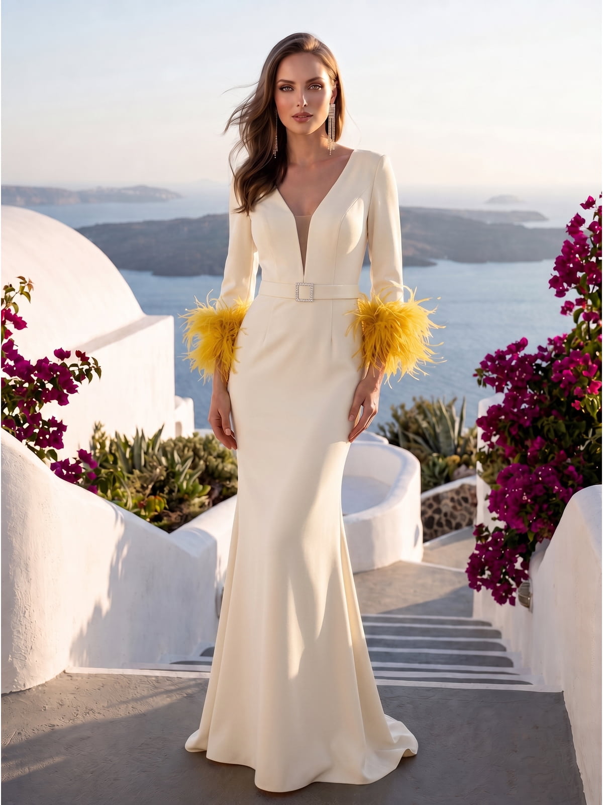 Front view of an ivory satin floor-length mother of the bride dress with deep V-neckline, long fitted sleeves, bright yellow feather-trim cuffs, rhinestone buckle belt, fitted bodice, defined waist, and softly flared mermaid skirt.