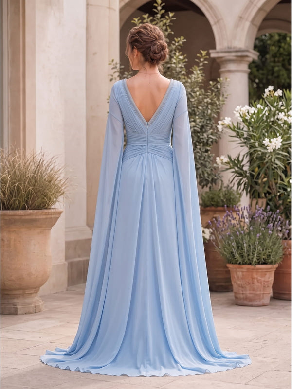Back view of a light blue chiffon floor-length mother of the bride dress with deep V-back, beaded neckline trim, flowing cape sleeves, ruched waist, center-back zipper, and softly draped A-line skirt.