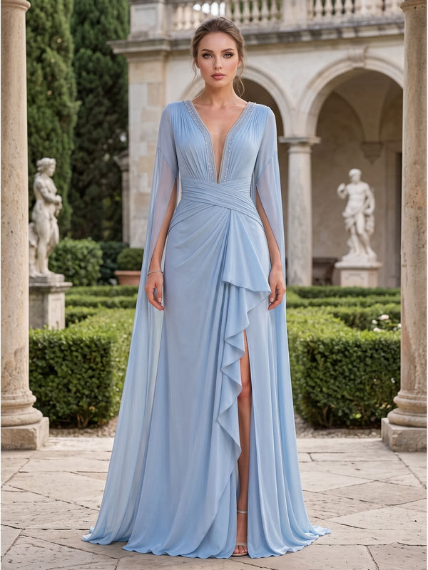 Front view of a light blue chiffon floor-length mother of the bride dress with deep V-neckline, beaded trim, flowing split cape sleeves, ruched crossover bodice, defined waist, cascading front drape, front slit, and elegant A-line skirt.