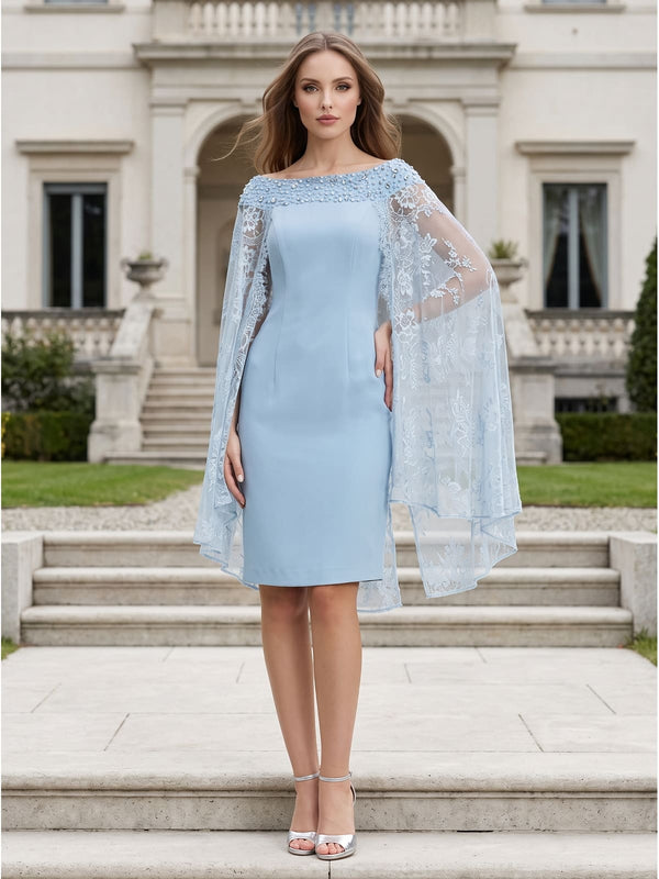 Front view of a light blue chiffon knee-length mother of the bride dress with bateau neckline, fitted sheath silhouette, sheer floral lace cape overlay, beaded neckline embellishment, and elegant straight skirt.