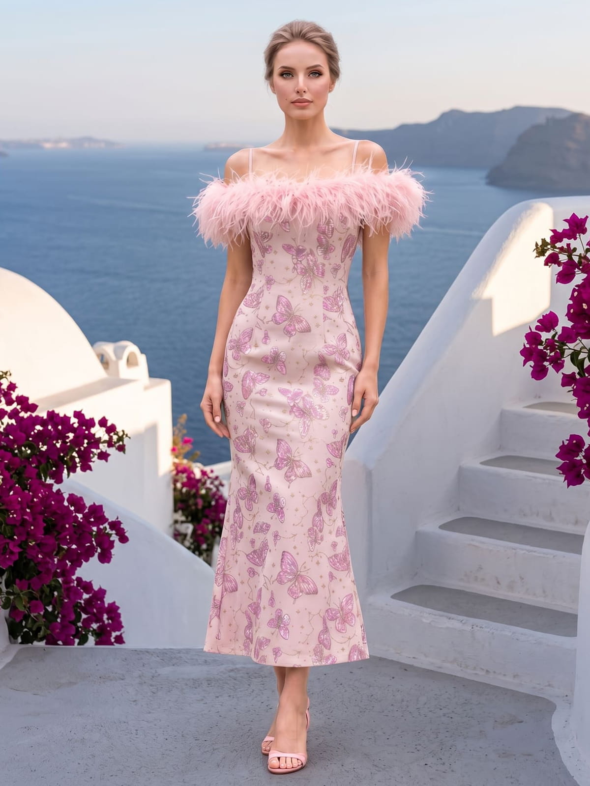 Front view of a pink butterfly jacquard satin ankle-length mother of the bride dress with a fitted sheath silhouette, straight neckline, delicate spaghetti straps, and soft pink feather trim around the upper neckline and shoulders.