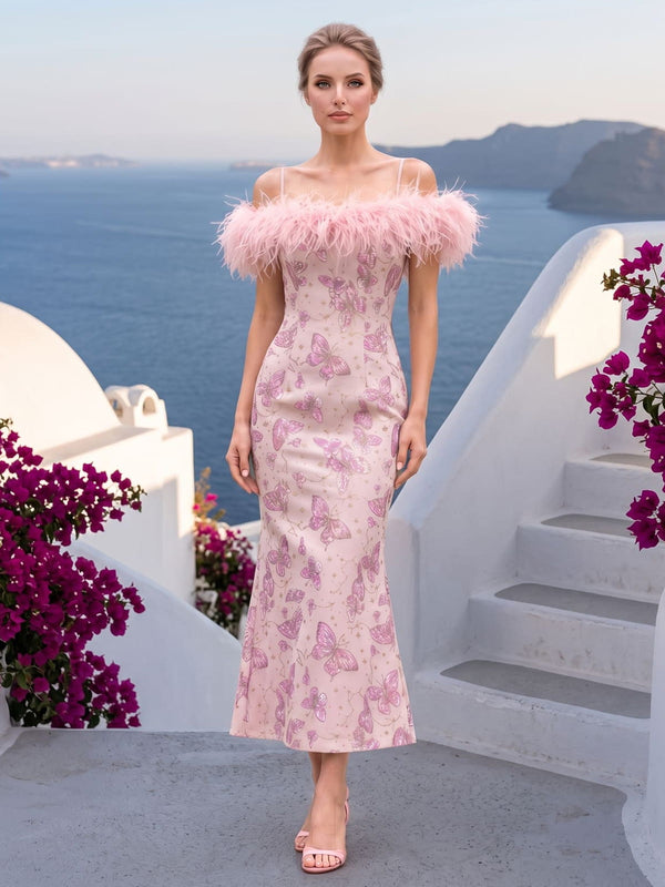 Front view of a pink butterfly jacquard satin ankle-length mother of the bride dress with a fitted sheath silhouette, straight neckline, delicate spaghetti straps, and soft pink feather trim around the upper neckline and shoulders.