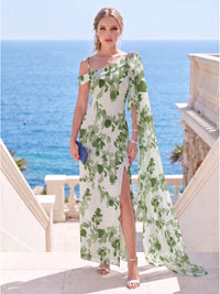 Front view of a floral chiffon floor-length mother of the bride dress featuring an asymmetrical one-shoulder neckline, beaded shoulder embellishment, flowing draped chiffon cape, fitted sheath silhouette, and front slit.