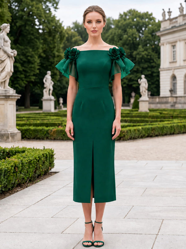 Front view of a tea-length mother of the bride dress featuring a satin sheath silhouette, an off-the-shoulder neckline, floral shoulder accents, soft organza flutter sleeves, and a subtle front slit.