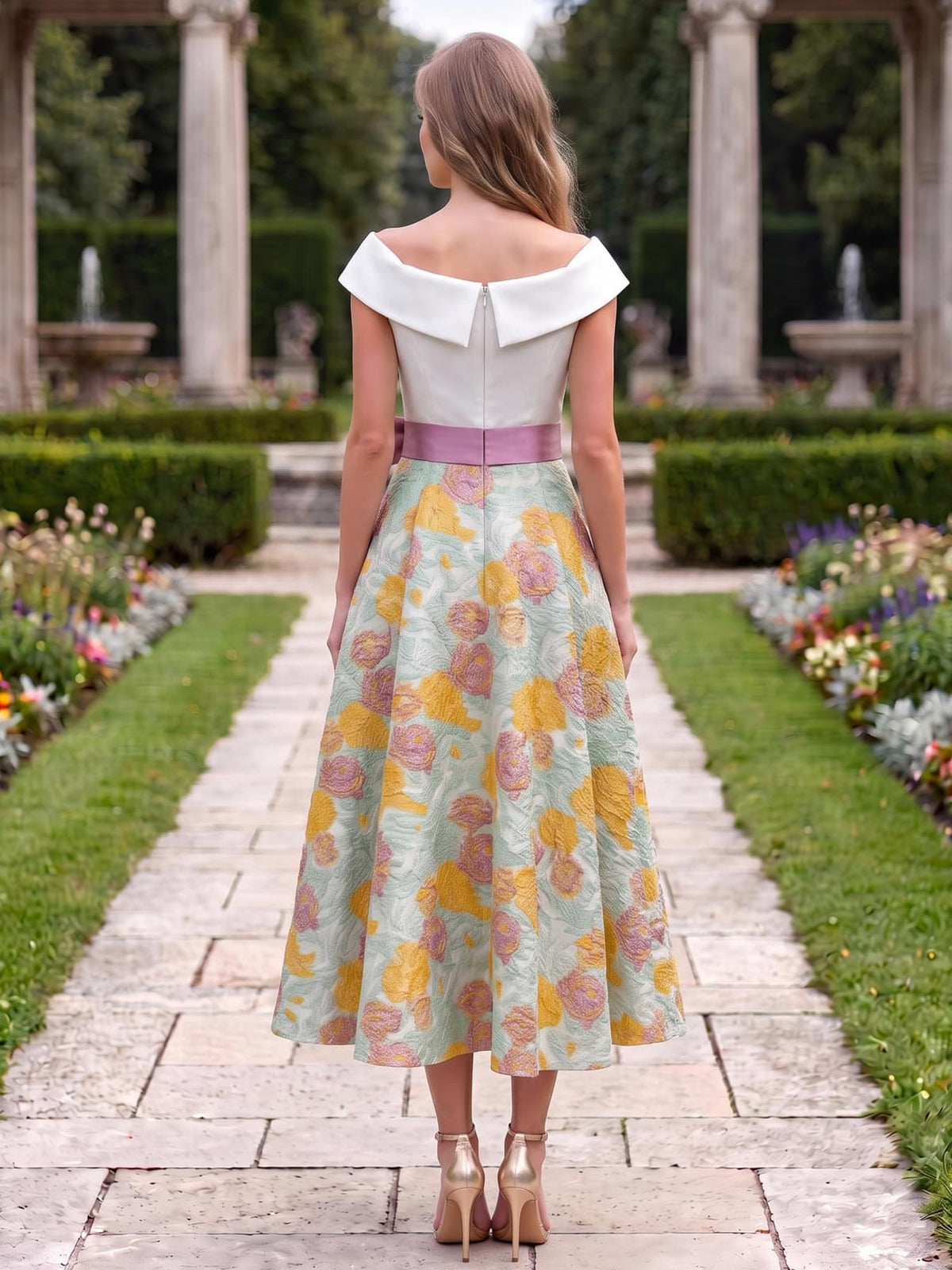 Back view of a floral jacquard satin tea-length mother of the bride dress with an off-the-shoulder fold-over neckline, center-back zipper, contrast pink waist sash, and full A-line skirt.