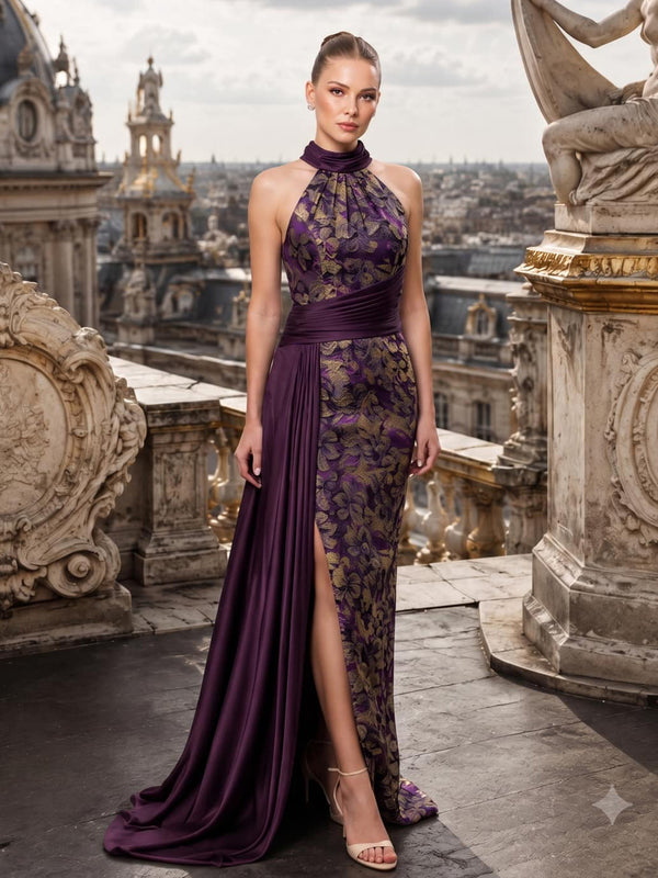 Front view of a floral jacquard satin floor-length mother of the bride gown with a high halter neckline, fitted sheath silhouette, dark plum draped satin waistband, coordinating side drape, and elegant front slit.