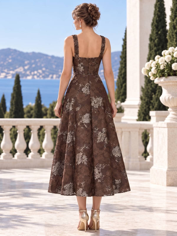 Back view of an As Pic Color floral jacquard satin tea-length mother of the bride dress with a square back, sleeveless design, concealed center-back zipper, pleated skirt, and A-line silhouette.