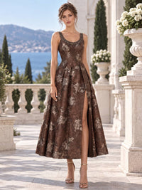 Front view of an As Pic Color floral jacquard satin tea-length mother of the bride dress with a beaded scoop neckline, sleeveless bodice, front slit, pleated skirt, and A-line silhouette.