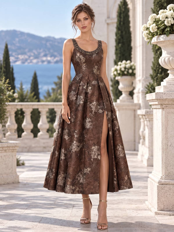 Front view of an As Pic Color floral jacquard satin tea-length mother of the bride dress with a beaded scoop neckline, sleeveless bodice, front slit, pleated skirt, and A-line silhouette.