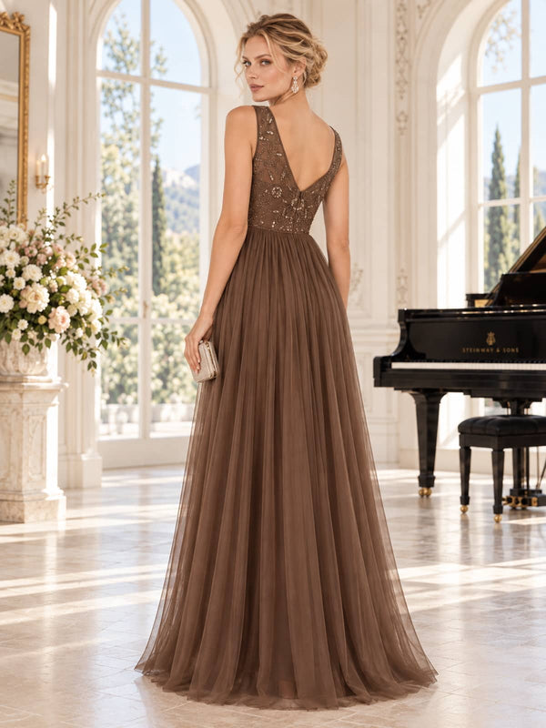 Back view of an As Pic Color tulle and lace floor-length mother of the bride dress with a V-back, sleeveless design, beaded floral embellished bodice, concealed back zipper, and flowing A-line tulle skirt.