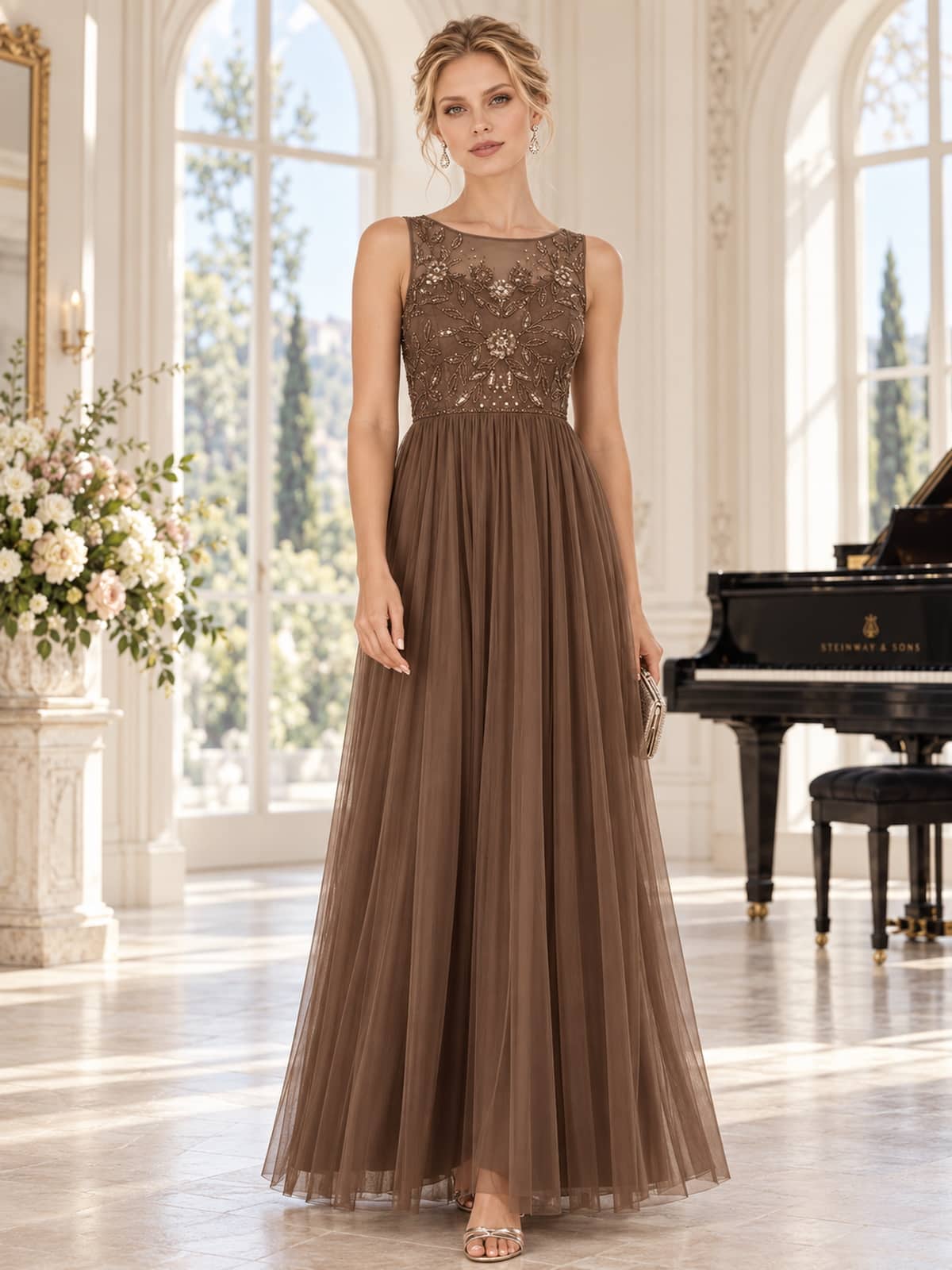 Front view of an As Pic Color tulle and lace floor-length mother of the bride dress with a bateau neckline, sleeveless design, beaded floral embellished bodice, gathered tulle skirt, and A-line silhouette.