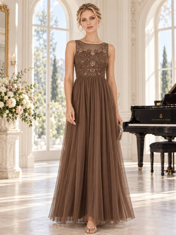 Front view of an As Pic Color tulle and lace floor-length mother of the bride dress with a bateau neckline, sleeveless design, beaded floral embellished bodice, gathered tulle skirt, and A-line silhouette.