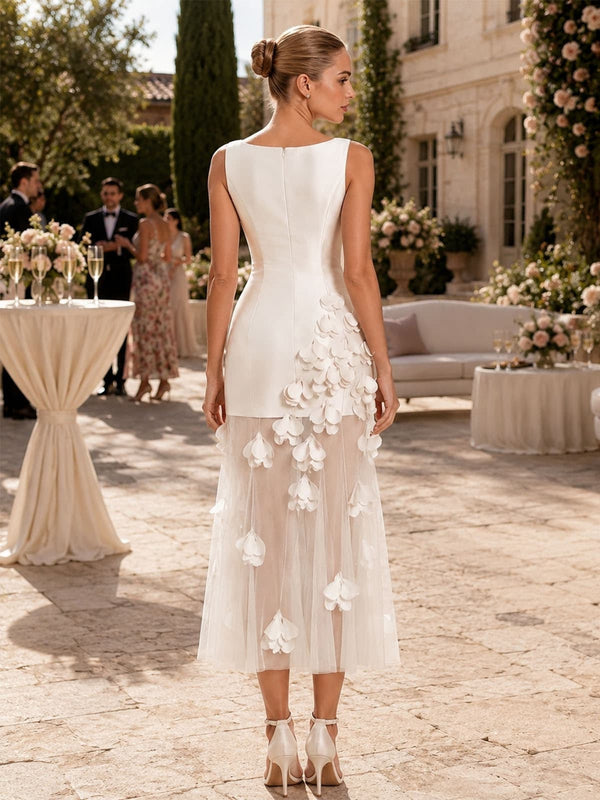 Back view of an As Pic Color satin and tulle midi mother of the bride dress with a bateau neckline, sleeveless design, concealed center-back zipper, cascading 3D floral appliqués, sheer tulle skirt, and sheath silhouette.