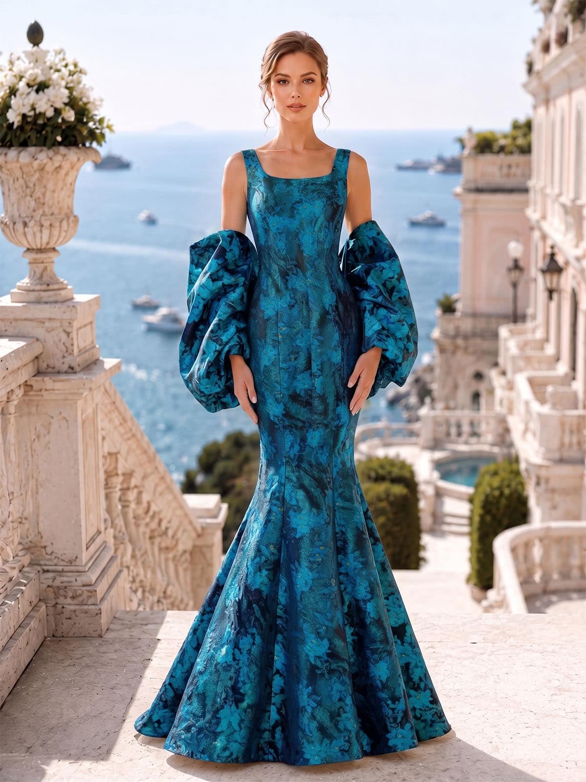 Front view of an As Pic Color floral jacquard satin floor-length mother of the bride dress with a square neckline, dramatic oversized puff sleeves, fitted bodice, and elegant mermaid skirt.