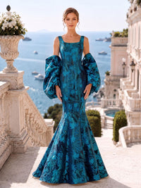 Front view of an As Pic Color floral jacquard satin floor-length mother of the bride dress with a square neckline, dramatic oversized puff sleeves, fitted bodice, and elegant mermaid skirt.