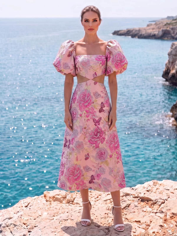Front view of an As Pic Color floral jacquard satin tea-length mother of the bride dress with a square neckline, short puff sleeves, waist cutout detail, floral pattern, and A-line silhouette.