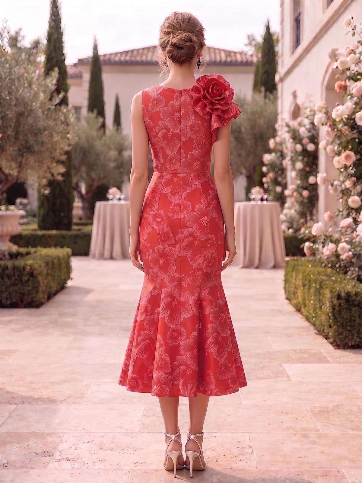 Back view of an As Pic Color floral jacquard satin tea-length mother of the bride dress with a bateau back, sleeveless design, concealed center-back zipper, floral jacquard pattern, and A-line silhouette.