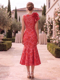 Back view of an As Pic Color floral jacquard satin tea-length mother of the bride dress with a bateau back, sleeveless design, concealed center-back zipper, floral jacquard pattern, and A-line silhouette.