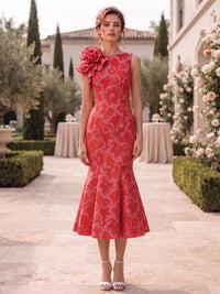 Front view of an As Pic Color floral jacquard satin tea-length mother of the bride dress with a bateau neckline, sleeveless design, 3D rose shoulder detail, floral pattern, and A-line silhouette.