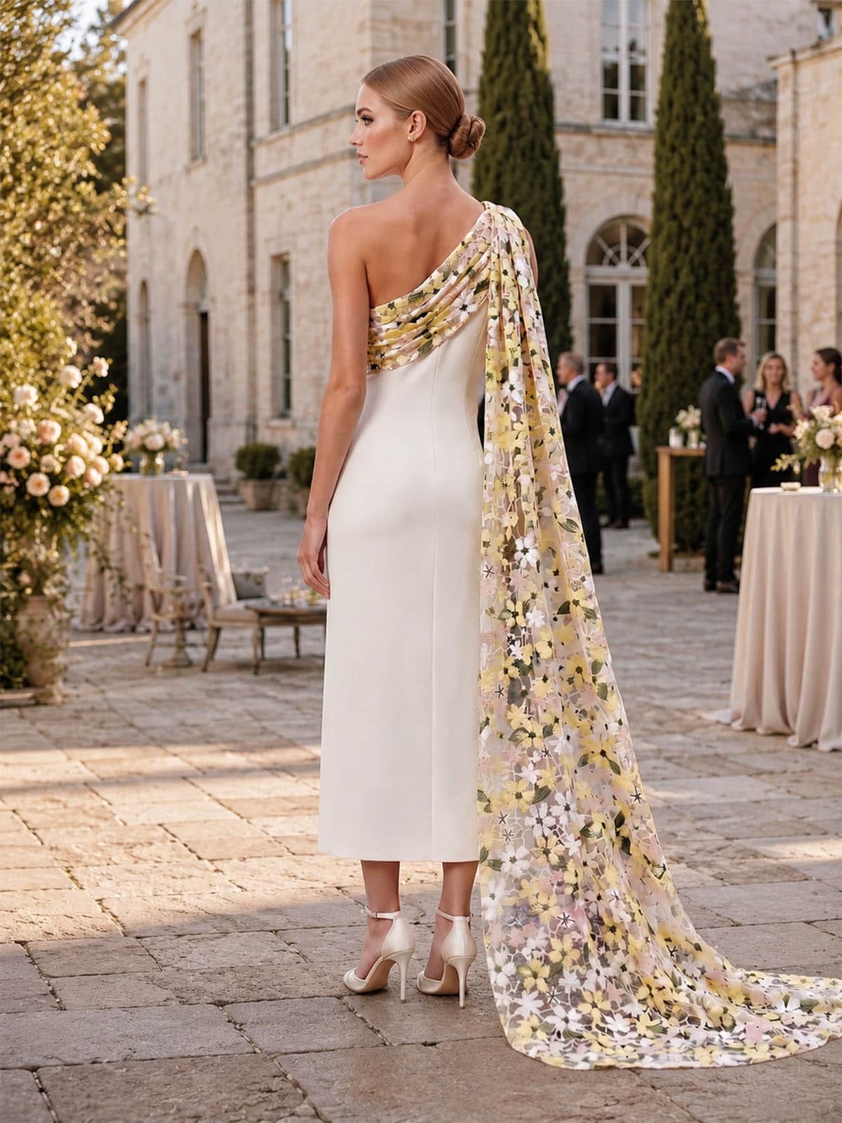Back view of an as pic color embroidered satin tea length mother of the bride dress with one shoulder cape design, concealed back zipper, floral embroidered detail, flowing overlay, and A-line skirt.