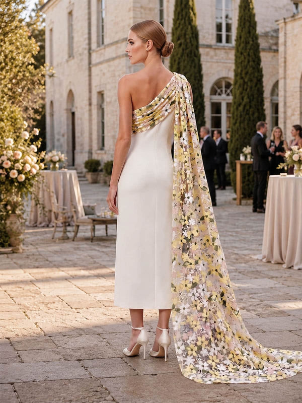 Back view of an as pic color embroidered satin tea length mother of the bride dress with one shoulder cape design, concealed back zipper, floral embroidered detail, flowing overlay, and A-line skirt.