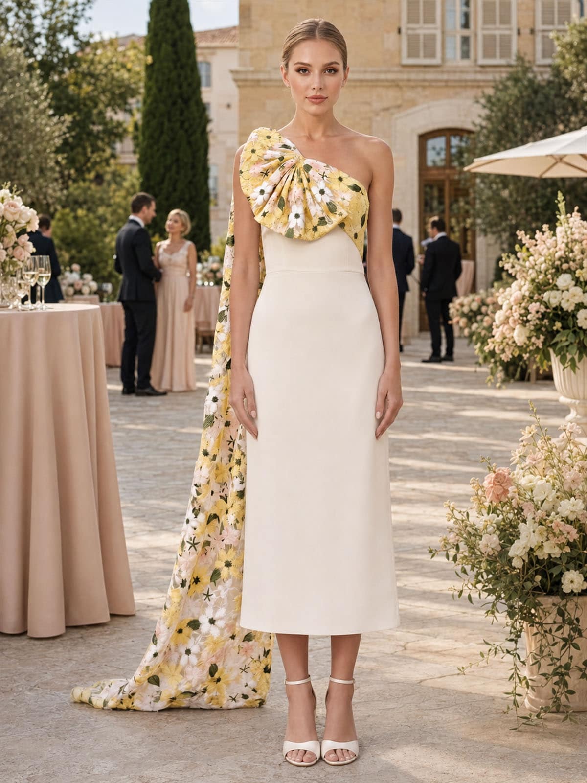 Front view of an as pic color embroidered satin tea length mother of the bride dress with one shoulder neckline, cape sleeve, floral detail, asymmetric drape, and A-line silhouette.