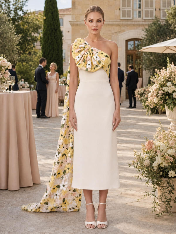 Front view of an as pic color embroidered satin tea length mother of the bride dress with one shoulder neckline, cape sleeve, floral detail, asymmetric drape, and A-line silhouette.