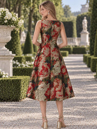 Back view of an as pic color floral jacquard satin tea length mother of the bride dress with concealed back zipper, sleeveless design, floral jacquard texture, fitted waist, and A-line skirt.