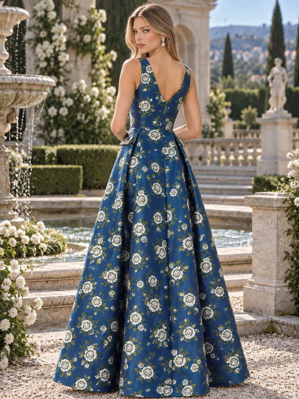 Back view of an as pic color floral jacquard satin floor length mother of the bride dress with concealed back zipper, sleeveless design, floral jacquard texture, fitted waist, and full A-line skirt.