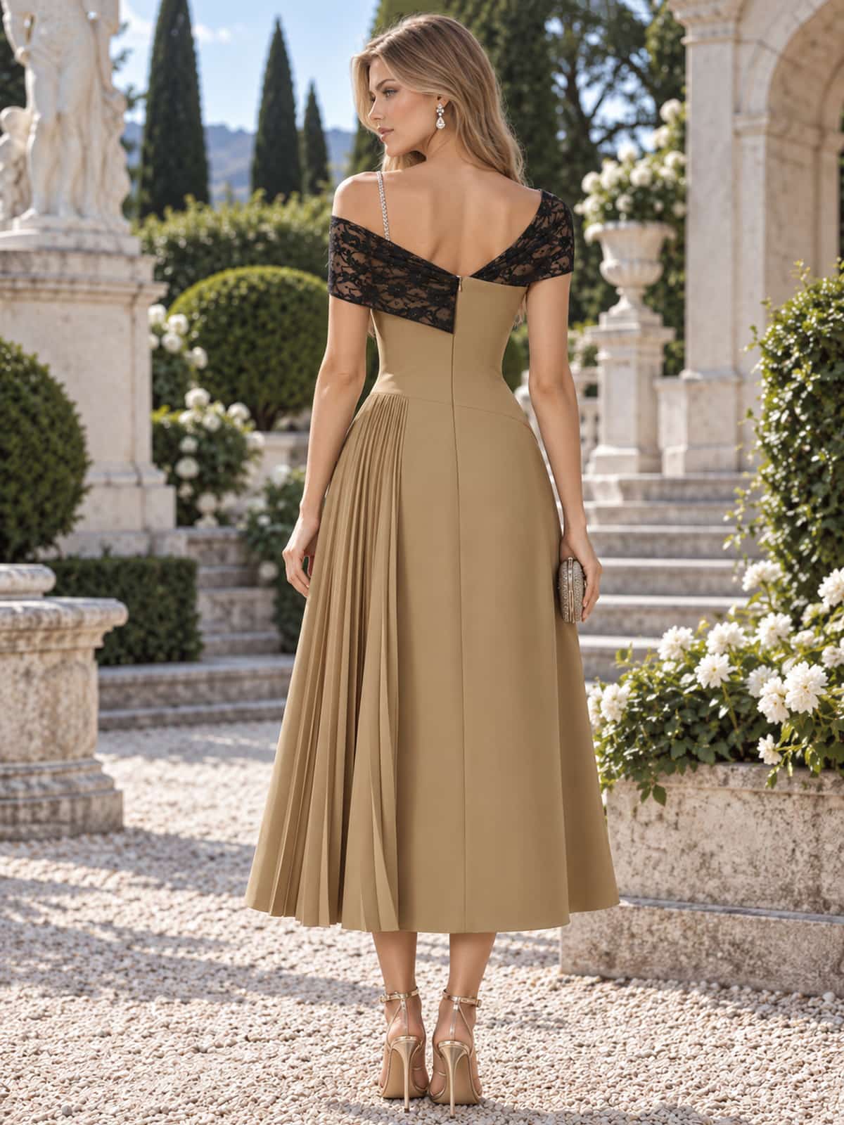 Back view of an as pic color satin lace tea length mother of the bride dress with concealed back zipper, lace shoulder overlay, fitted waist, pleated skirt, and elegant A-line shape.