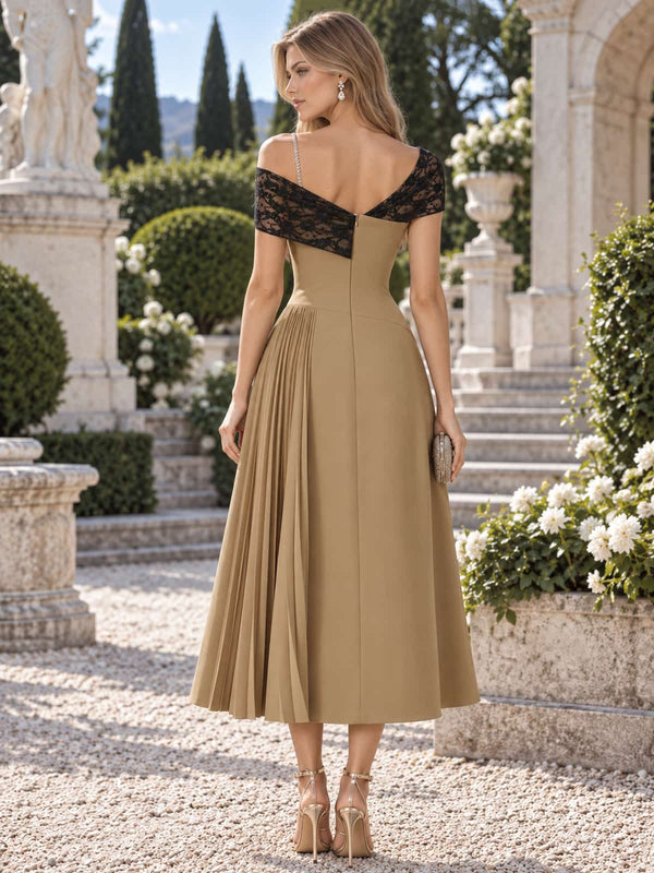 Back view of an as pic color satin lace tea length mother of the bride dress with concealed back zipper, lace shoulder overlay, fitted waist, pleated skirt, and elegant A-line shape.