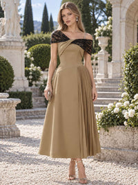 Front view of an as pic color satin lace tea length mother of the bride dress with off shoulder neckline, short lace sleeves, pleated skirt detail, and A-line silhouette.