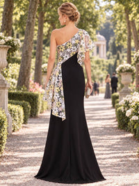 Back view of an as pic color floral embroidered satin floor length mother of the bride dress with concealed back zipper, asymmetric embroidered panel, fitted waist, and elegant mermaid skirt.