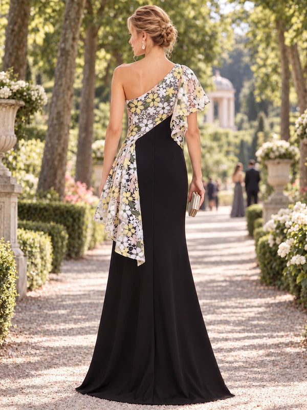 Back view of an as pic color floral embroidered satin floor length mother of the bride dress with concealed back zipper, asymmetric embroidered panel, fitted waist, and elegant mermaid skirt.