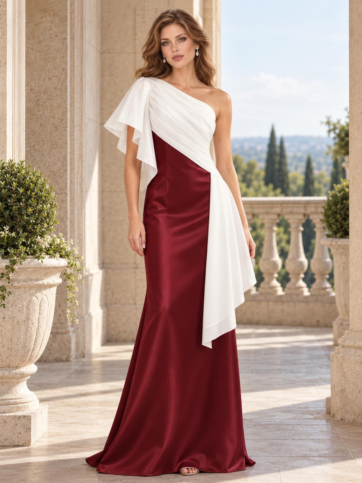Front view of a burgundy satin mother of the bride dress with an asymmetric one-shoulder neckline, ivory contrast draped overlay, fitted sheath silhouette and floor length skirt.