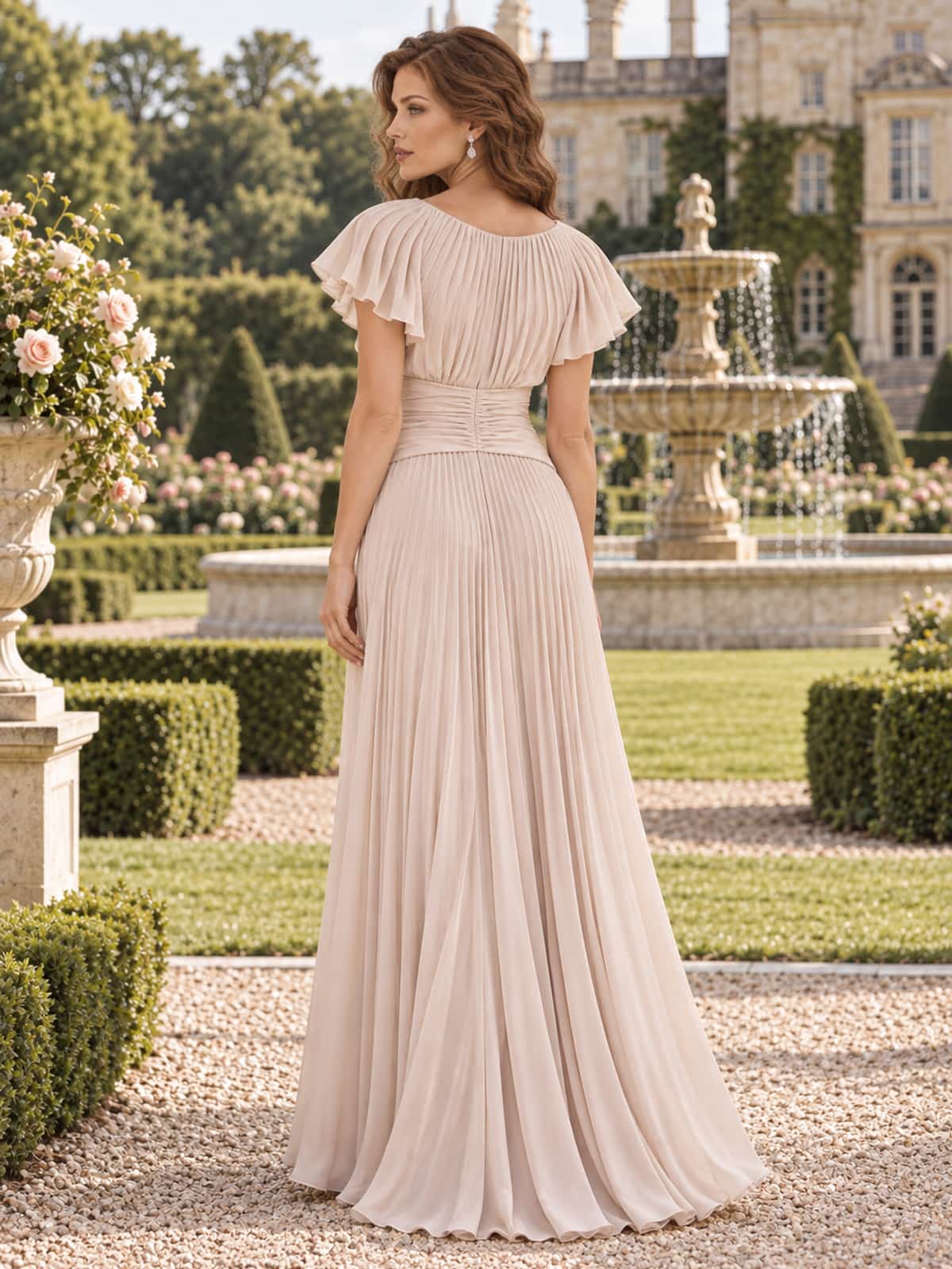 Back view of a champagne chiffon mother of the bride dress featuring flutter sleeves, softly pleated bodice, ruched waistband and flowing floor length A-line skirt.