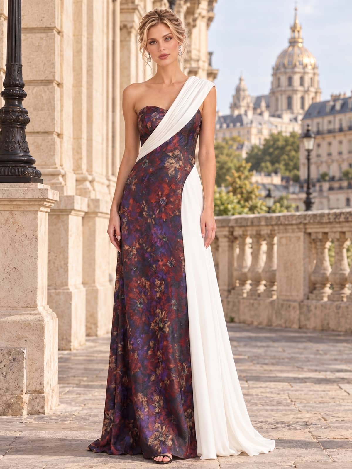 Front view of a floral jacquard satin mother of the bride dress featuring a one-shoulder contrast ivory draped sash, fitted bodice, multicolor floral jacquard pattern and elegant floor-length sheath silhouette.