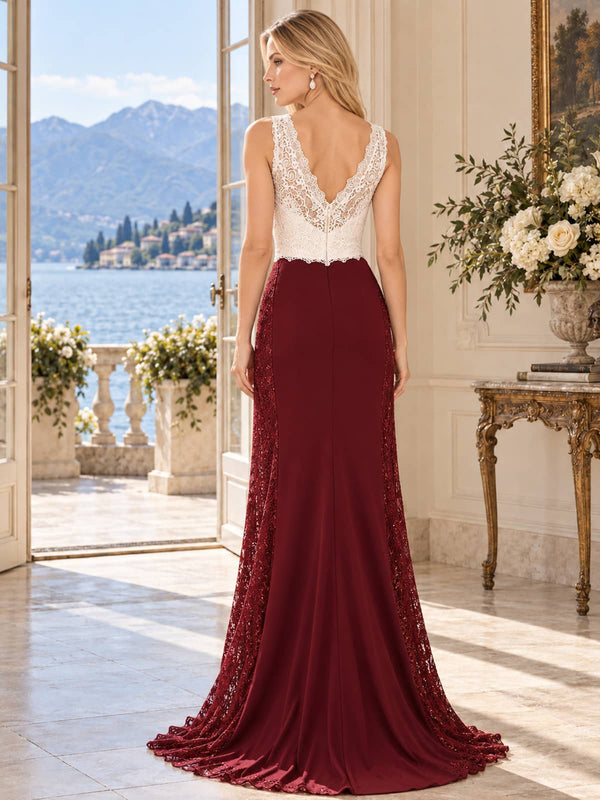 Back view of a two-tone lace and chiffon mother of the bride dress featuring an ivory floral lace V-back bodice, concealed center-back zipper, fitted burgundy chiffon skirt, floral lace side panels and floor-length hem.