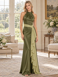 Front view of an olive green faux silk mother of the bride dress featuring a pleated halter neckline, sleeveless fitted bodice, contrast light sage waistband, cascading side ruffle and elegant floor-length sheath silhouette.
